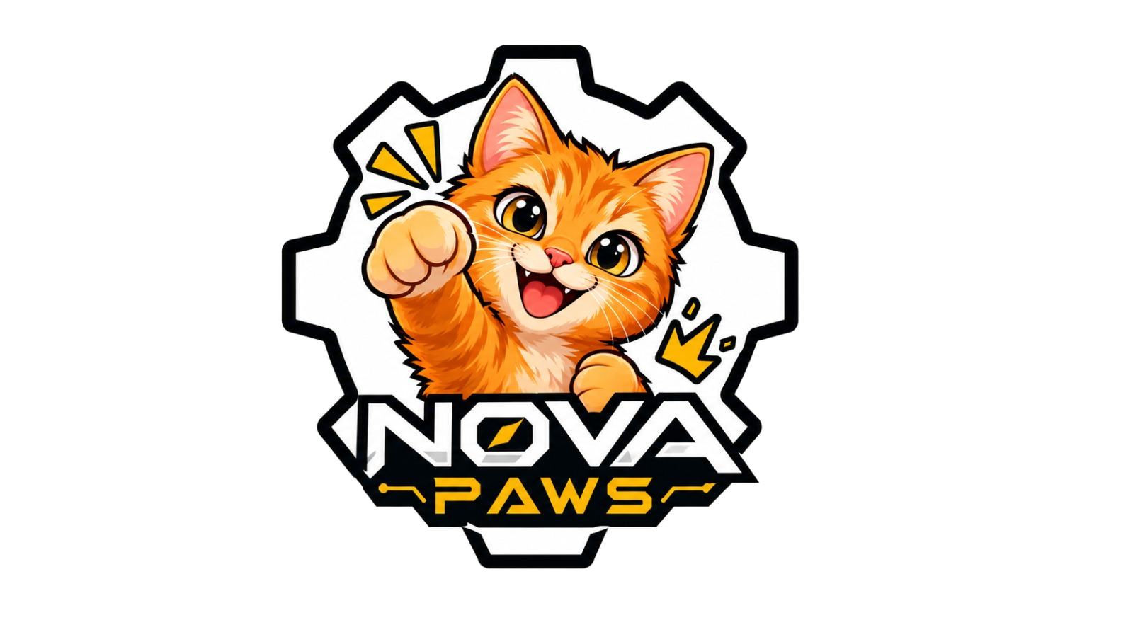 Nova Paws orange cat mascot inside a mechanical gear
